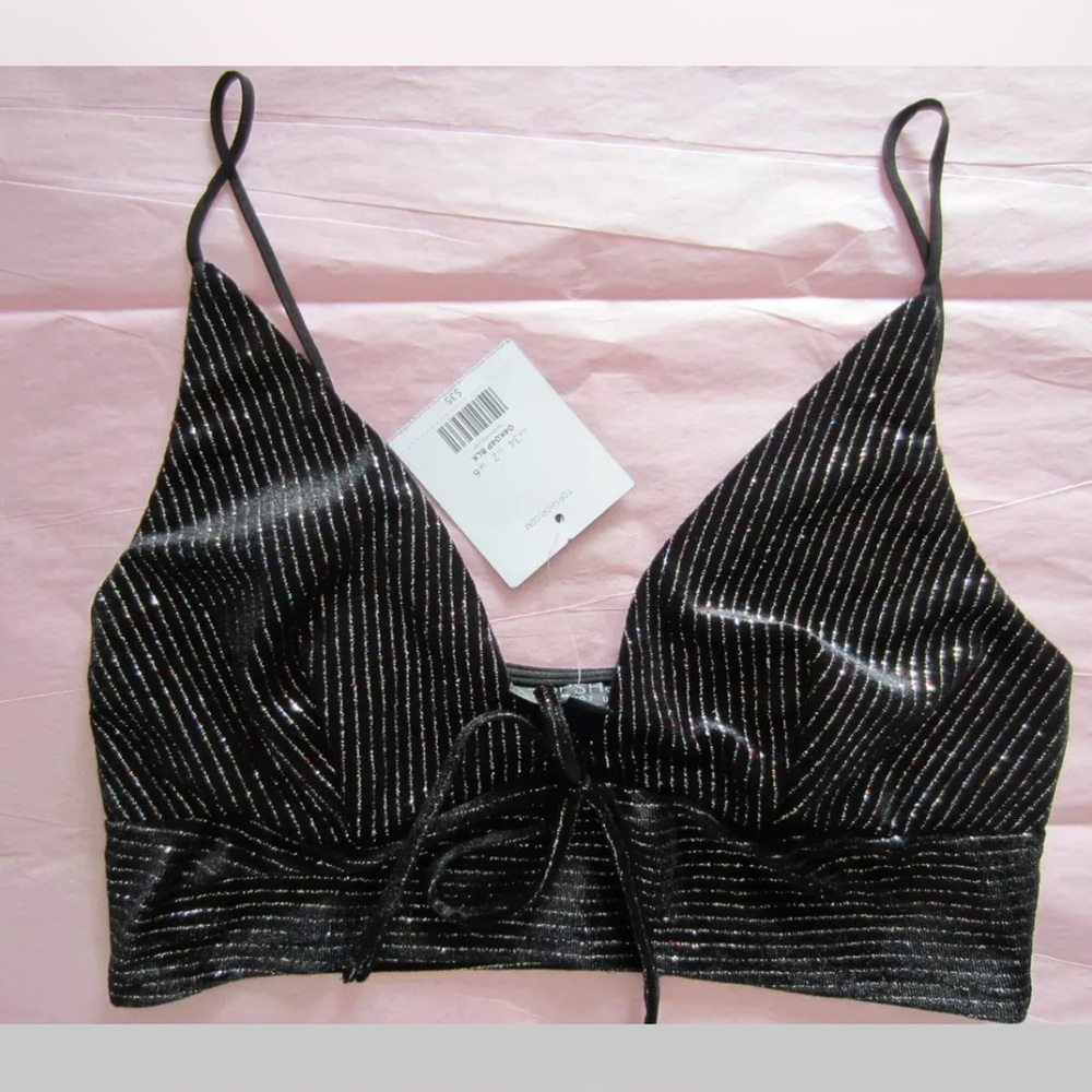 Top Shop Topshop Black Bralette Bra Metallic Stripes 2 US 6 UK Spaghetti Straps